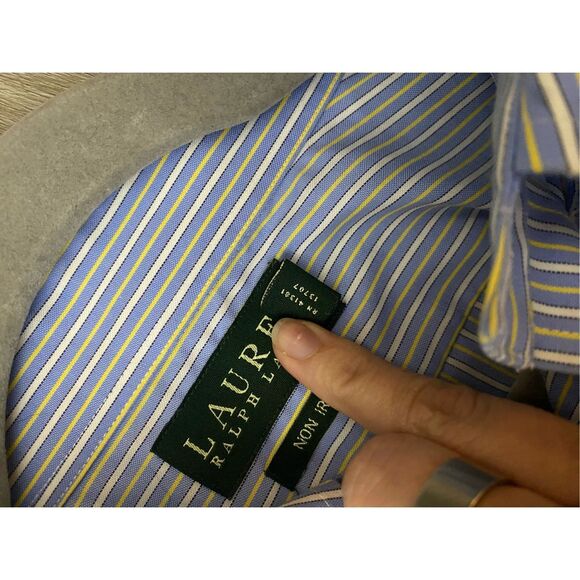 Lauren Ralph Lauren Blue Yellow Stripe Button-Down Shirt, Sz 16.5 / Medium - Picture 9 of 11